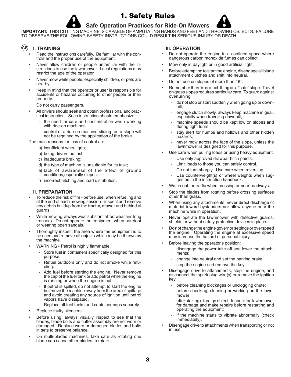 Safety rules, Safe operation practices for ride-on mowers | Partner Tech P12597RB User Manual | Page 3 / 84