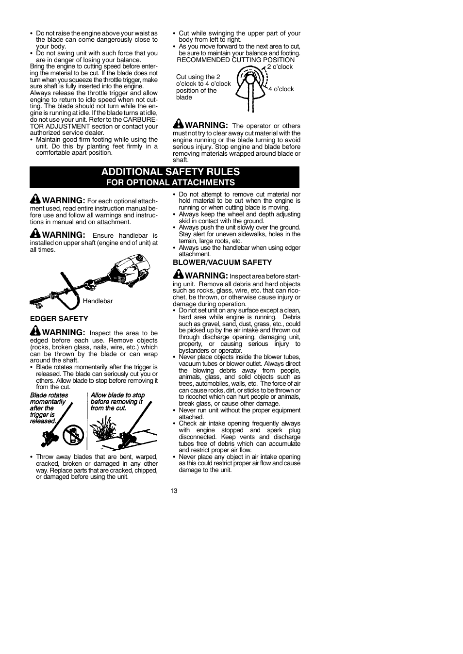 Additional safety rules for optional attachments, Additional safety rules, Warning | For optional attachments warning | Partner Tech T330+ User Manual | Page 13 / 19