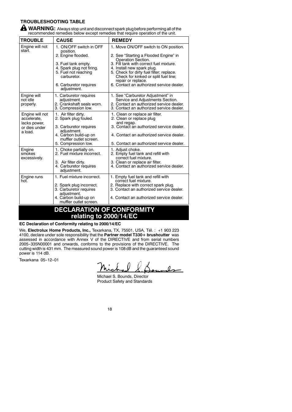 Declaration of conformity relating to 2000/14/ec, Warning | Partner Tech T330+ User Manual | Page 18 / 19