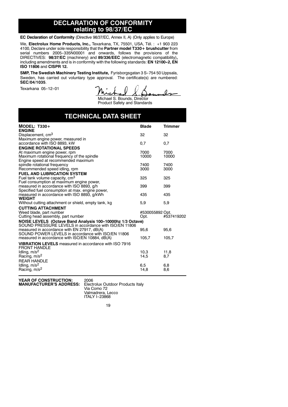 Declaration of conformity relating to 98/37/ec, Technical data sheet | Partner Tech T330+ User Manual | Page 19 / 19