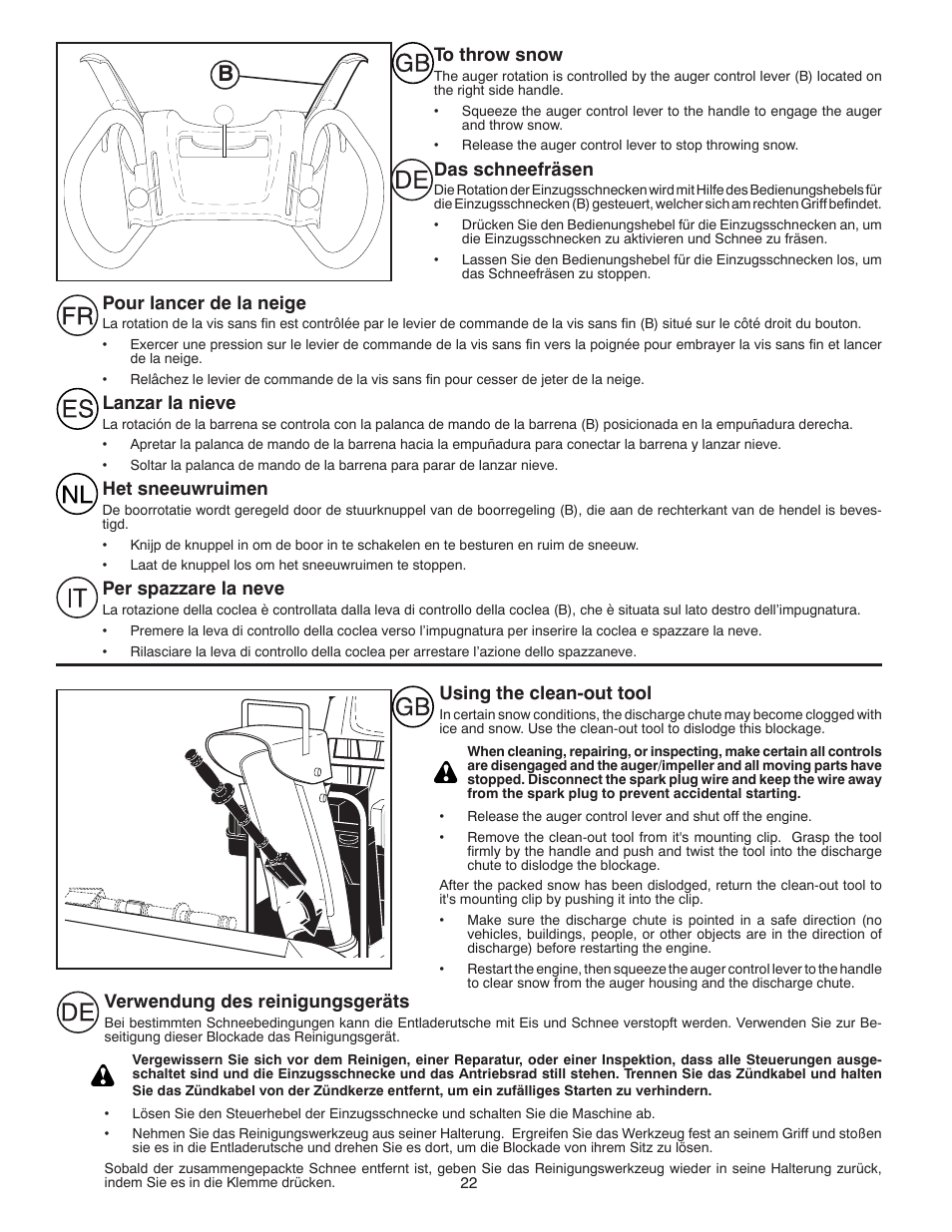 Pour lancer de la neige, Lanzar la nieve, Het sneeuwruimen | Per spazzare la neve, Das schneefräsen, Using the clean-out tool, Verwendung des reinigungsgeräts | Partner Tech PSB240 User Manual | Page 22 / 60