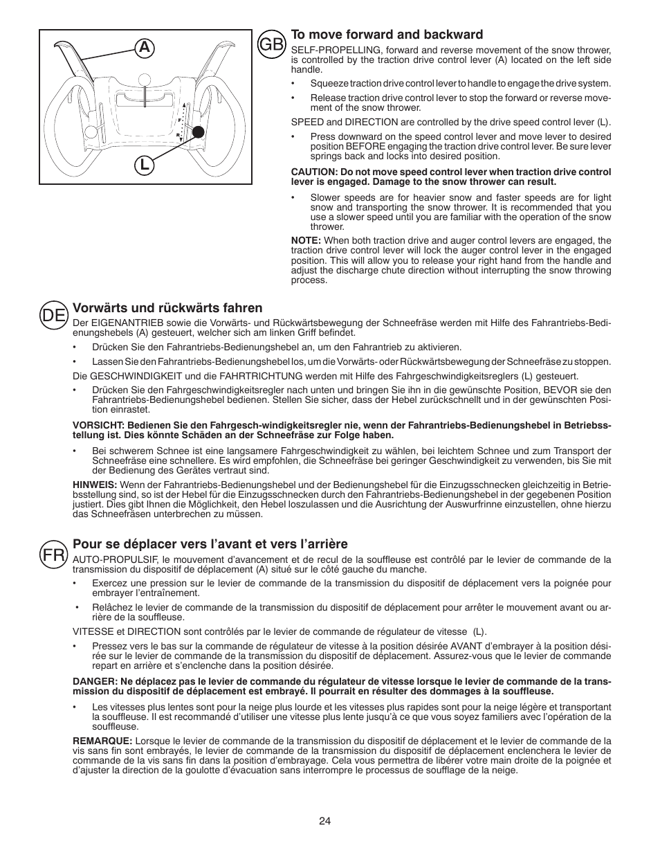 Vorwärts und rückwärts fahren, Pour se déplacer vers l’avant et vers l’arrière | Partner Tech PSB240 User Manual | Page 24 / 60