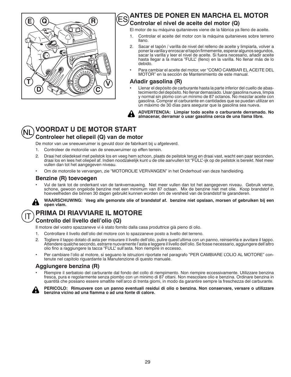 Antes de poner en marcha el motor, Voordat u de motor start, Prima di riavviare il motore | Partner Tech PSB240 User Manual | Page 29 / 60