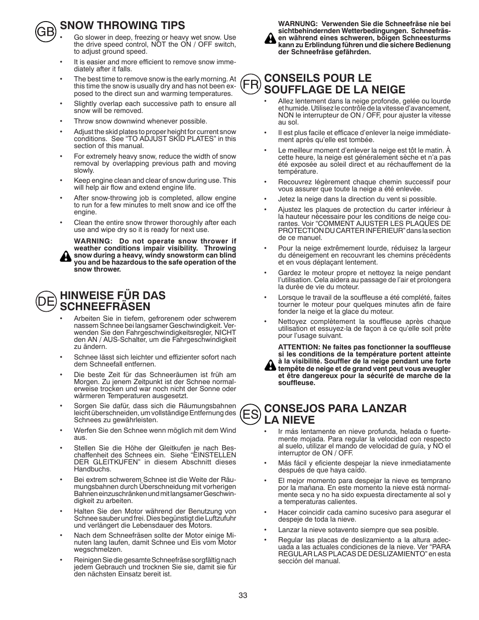 Snow throwing tips, Hinweise für das schneefräsen, Conseils pour le soufflage de la neige | Consejos para lanzar la nieve | Partner Tech PSB240 User Manual | Page 33 / 60