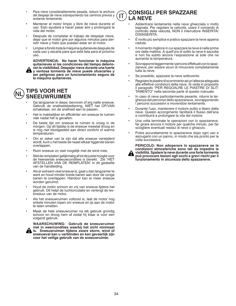 Tips voor het sneeuwruimen, Consigli per spazzare la neve | Partner Tech PSB240 User Manual | Page 34 / 60