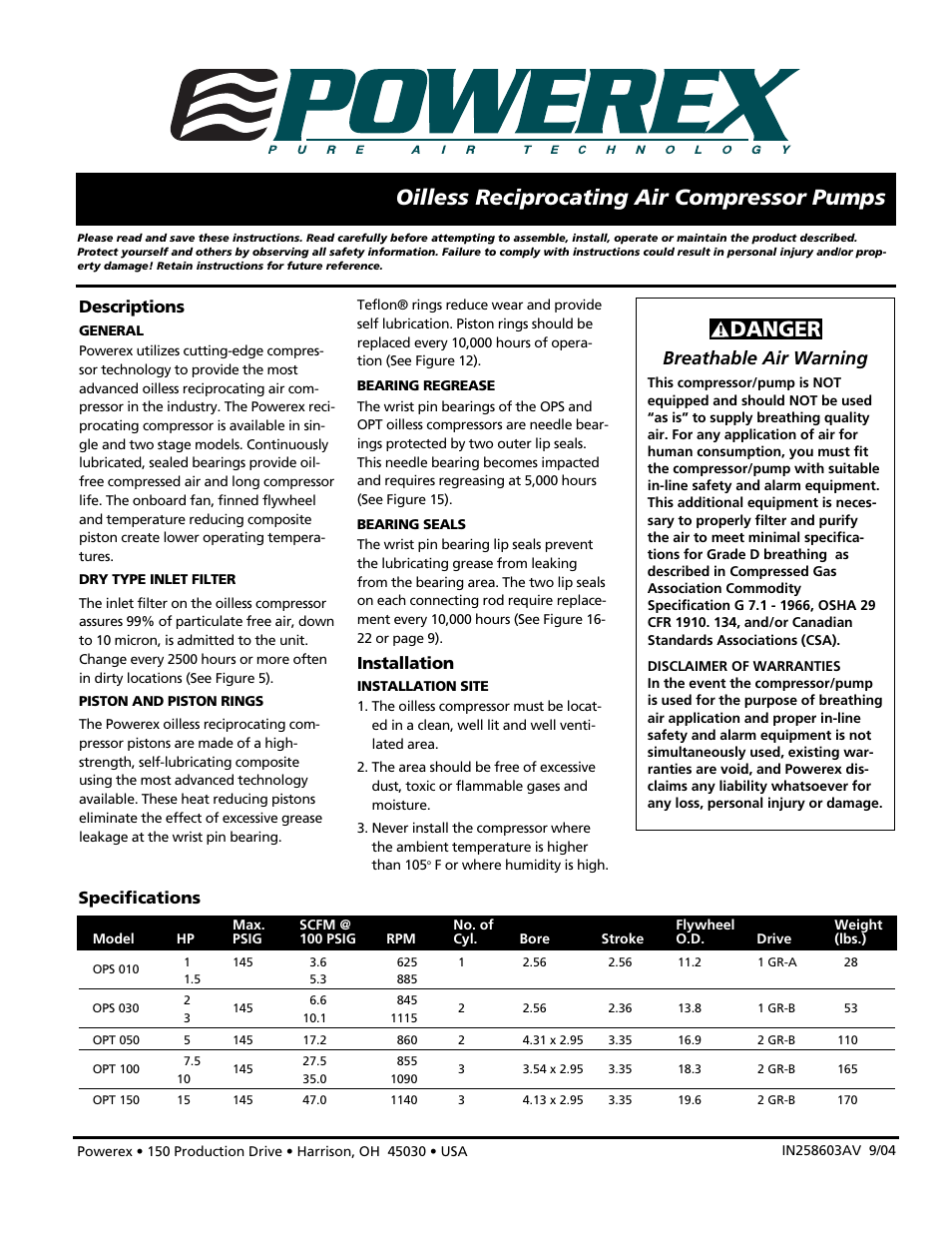 Oilless reciprocating air compressor pumps, Danger, Oilless | Breathable air warning, Descriptions, Installation, Specifications | Powerex Medical Packing System MPQ User Manual | Page 8 / 27