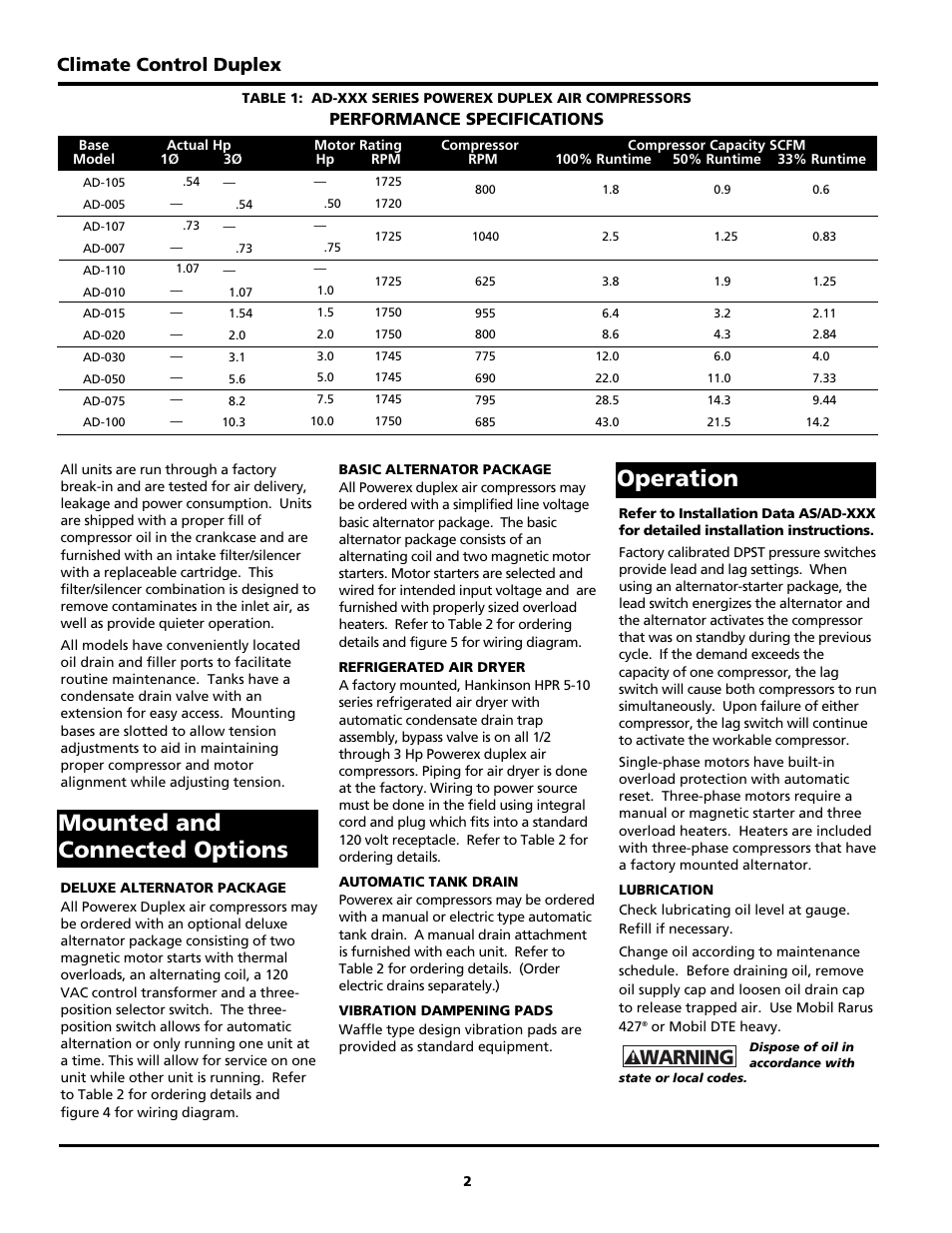Operation mounted and connected options, Warning, Climate control duplex | Performance specifications | Powerex AS-XXX User Manual | Page 10 / 36