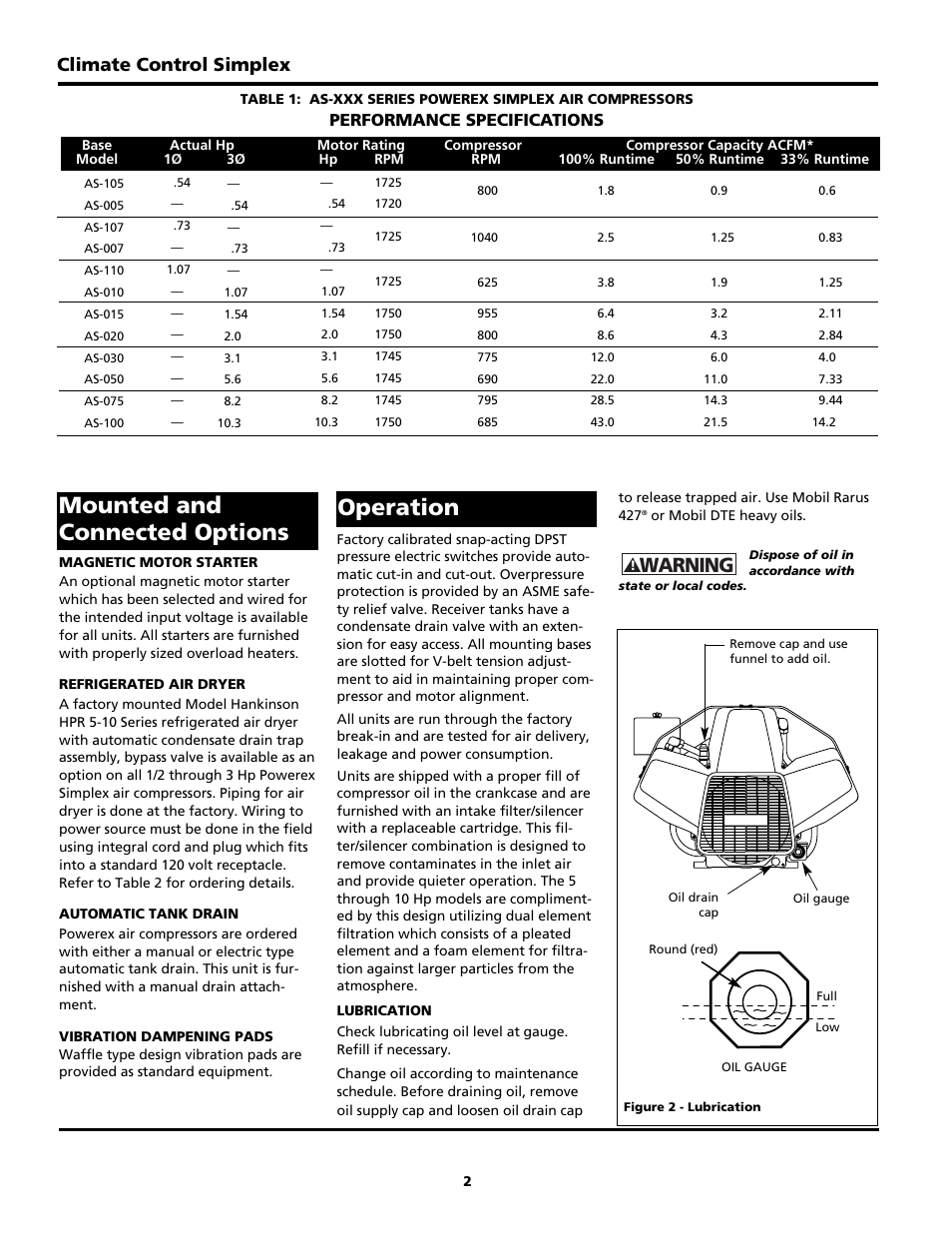 Operation mounted and connected options, Warning, Climate control simplex | Performance specifications | Powerex AS-XXX User Manual | Page 2 / 36