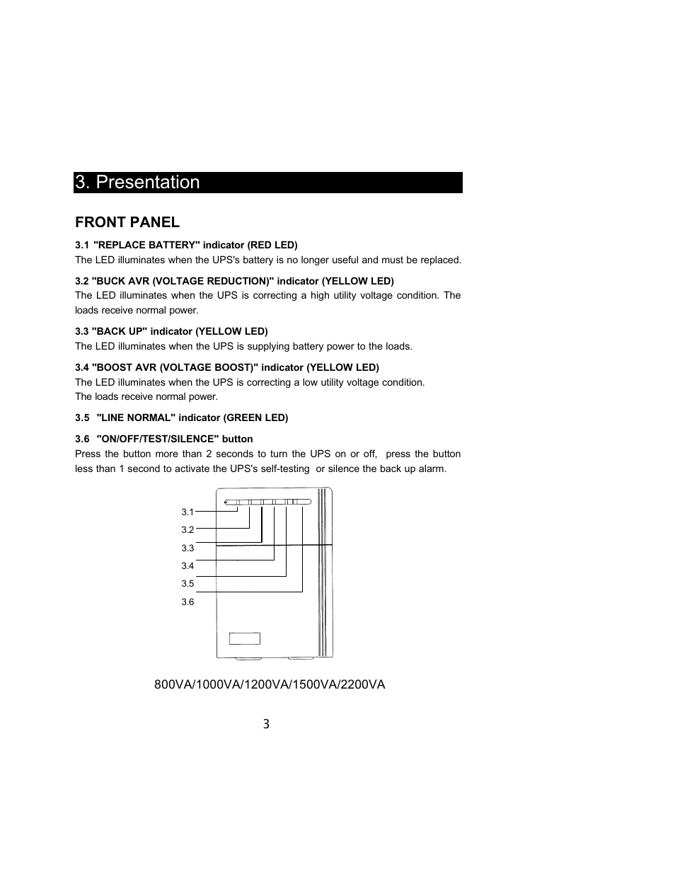 Presentation, Front panel | Powercom 800VA User Manual | Page 6 / 19