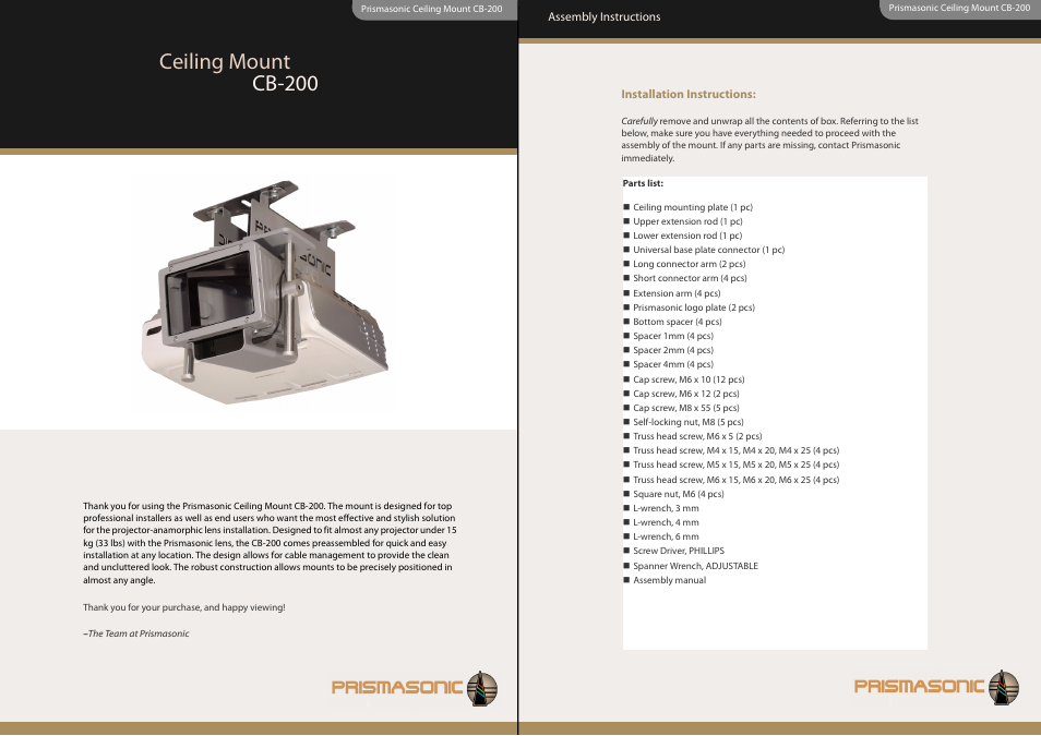 Prismacolor CEILING MOUNT CB-200 User Manual | 3 pages