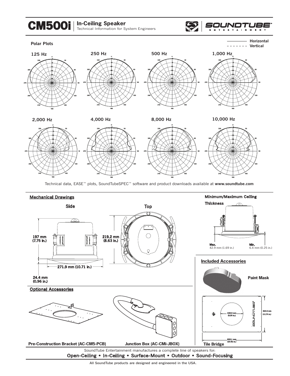 Cm500i, In-ceiling speaker, Polar plots | Included accessories, Side top, Optional accessories mechanical drawings, Horizontal vertical, Technical data, ease, Plots, soundtubespec, Tile bridge | Phase Technology CM500i User Manual | Page 4 / 4