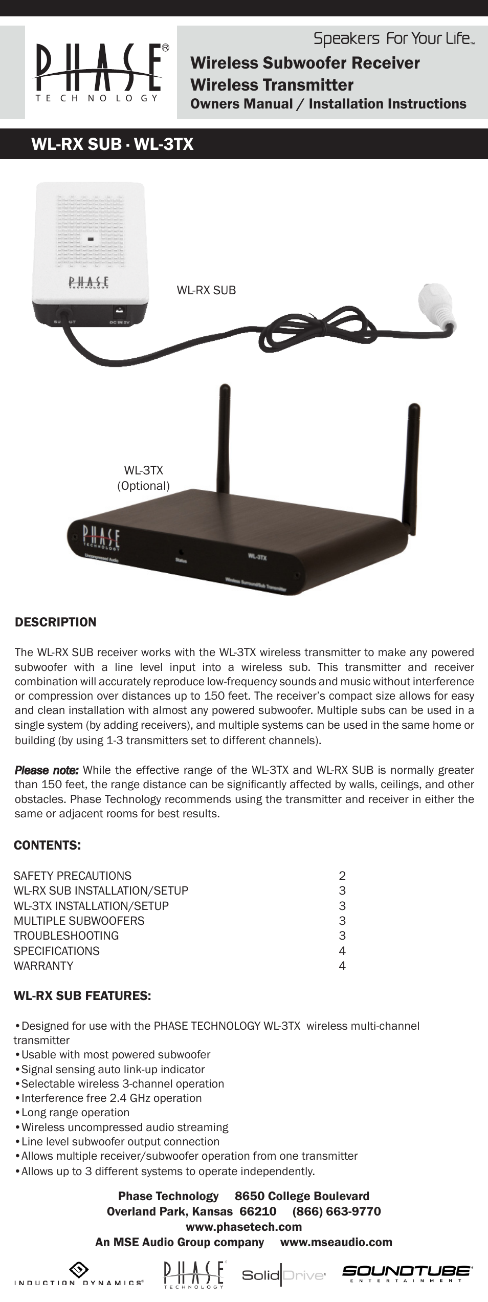 Phase Technology WL-RX SUB User Manual | 4 pages