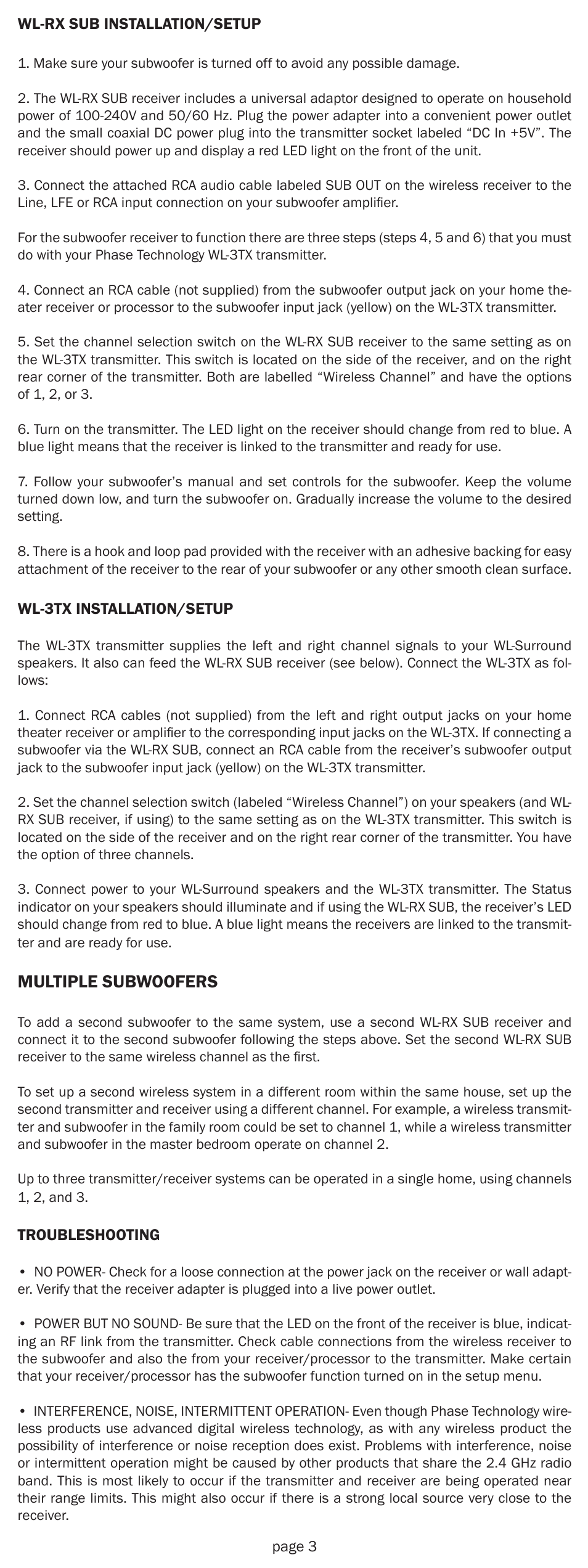 Multiple subwoofers | Phase Technology WL-RX SUB User Manual | Page 3 / 4