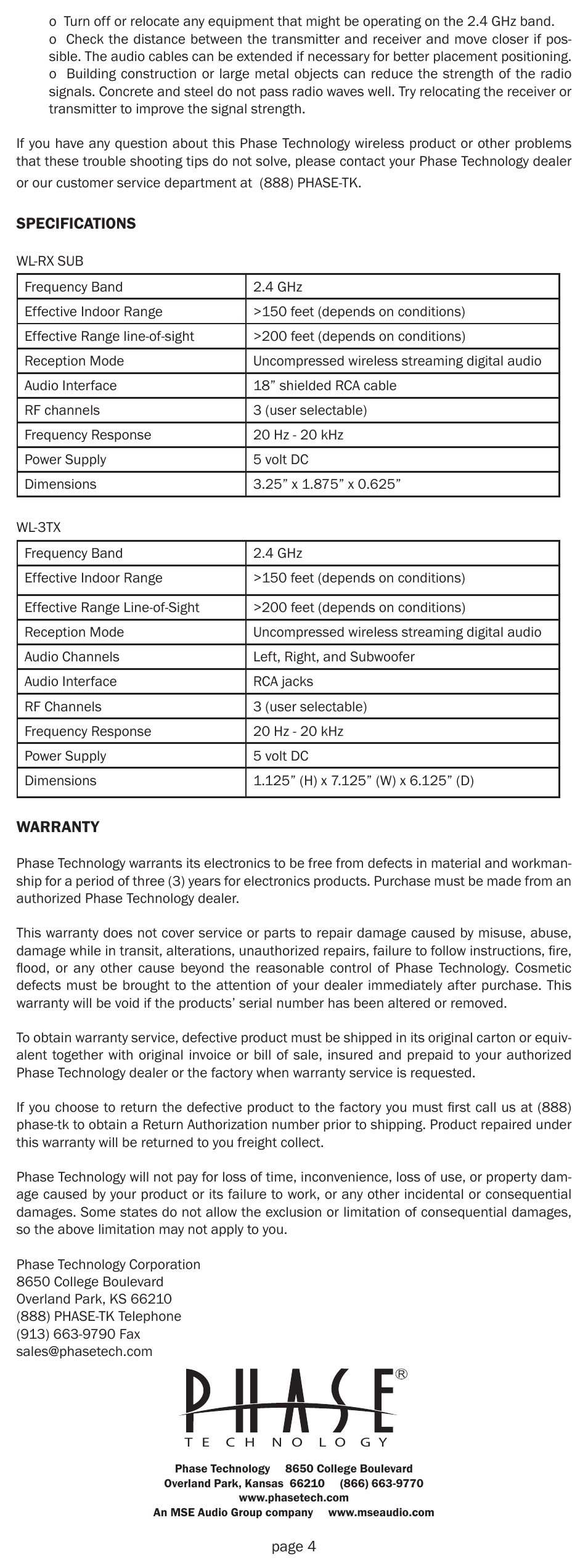 Phase Technology WL-RX SUB User Manual | Page 4 / 4
