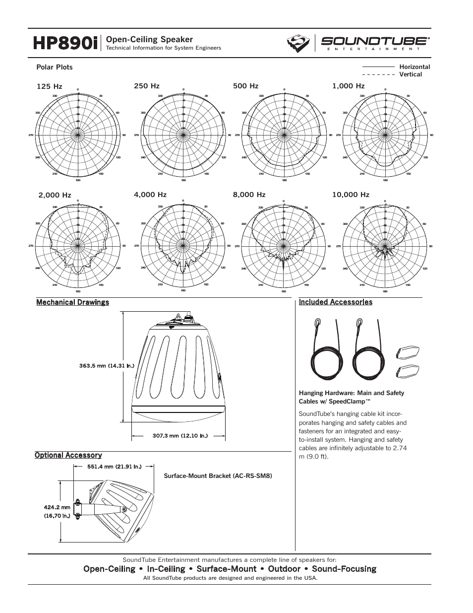 Hp890i, Open-ceiling speaker, Optional accessory | Mechanical drawings, Included accessories, Surface-mount bracket (ac-rs-sm8), Horizontal vertical, Technical information for system engineers | Phase Technology HP890i User Manual | Page 4 / 4