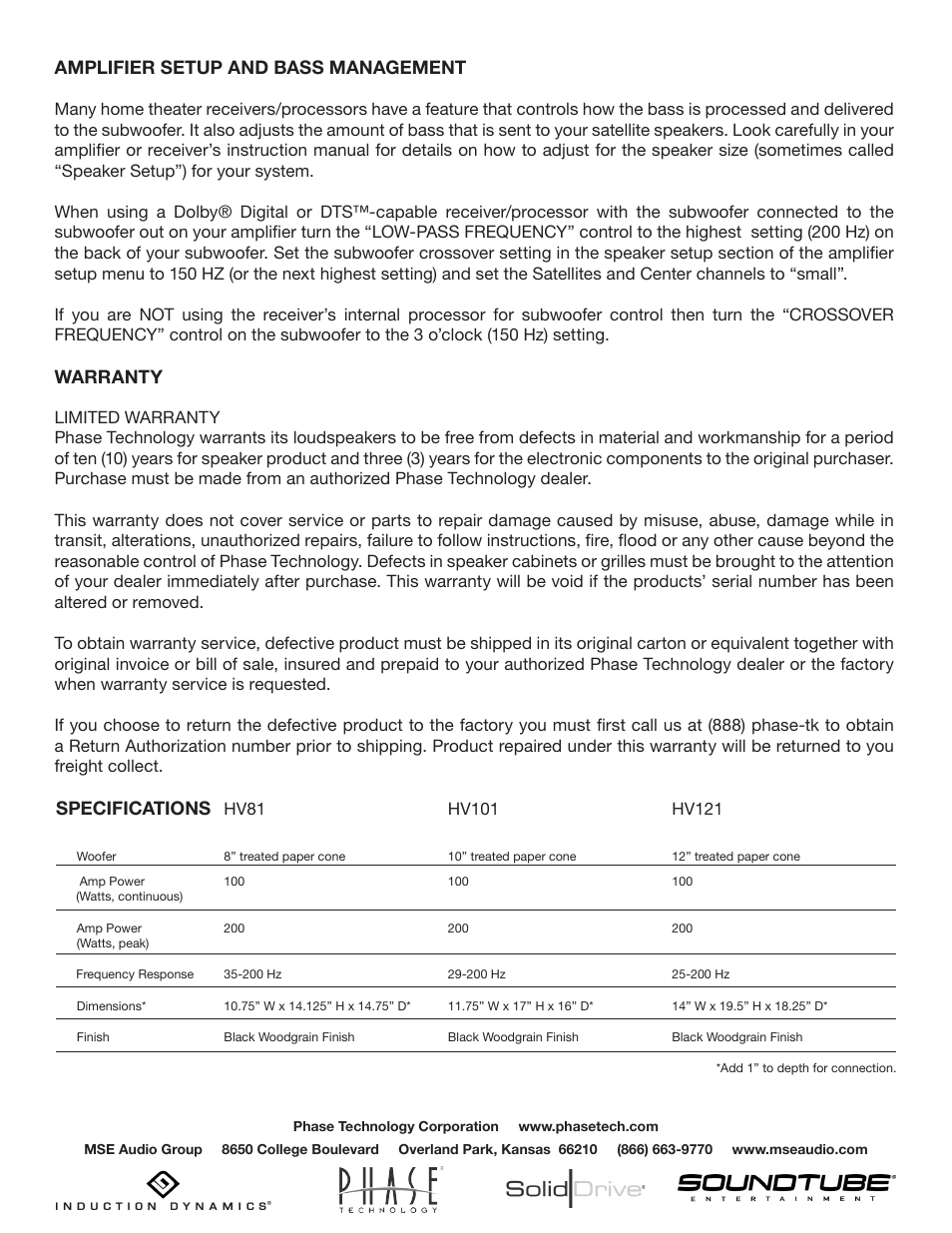 Specifications, Amplifier setup and bass management, Warranty | Phase Technology HV101 User Manual | Page 4 / 4