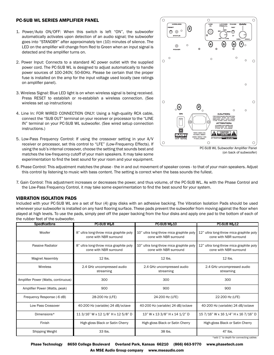 Pc-sub wl series amplifier panel, Vibration isolation pads | Phase Technology PC-SUB WL-8 User Manual | Page 3 / 3