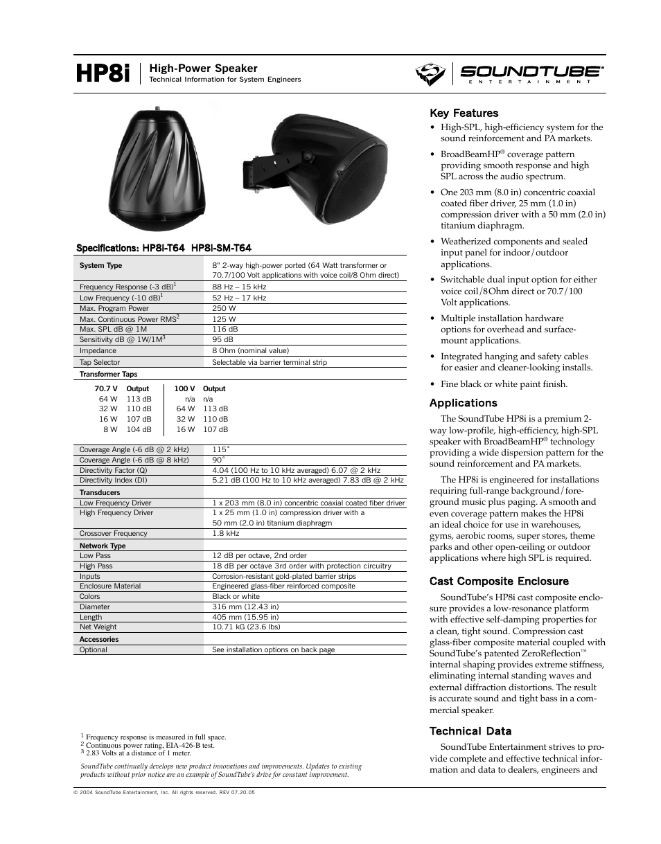 Phase Technology High-Power Speaker HP8i User Manual | 4 pages