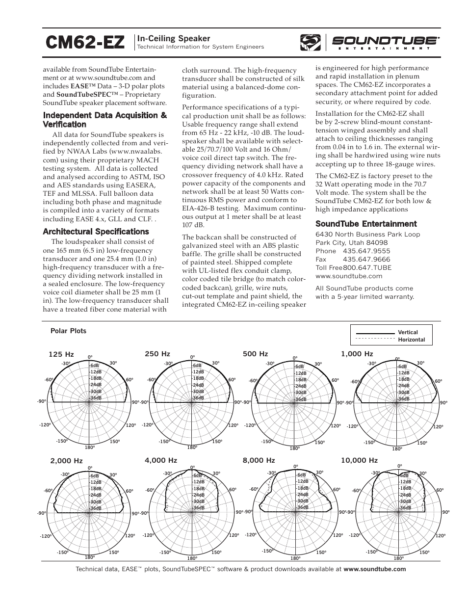 Cm62-ez, In-ceiling speaker, Soundtube entertainment | Independent data acquisition & verification, Architectural specifications | Phase Technology CM62-EZ User Manual | Page 3 / 4