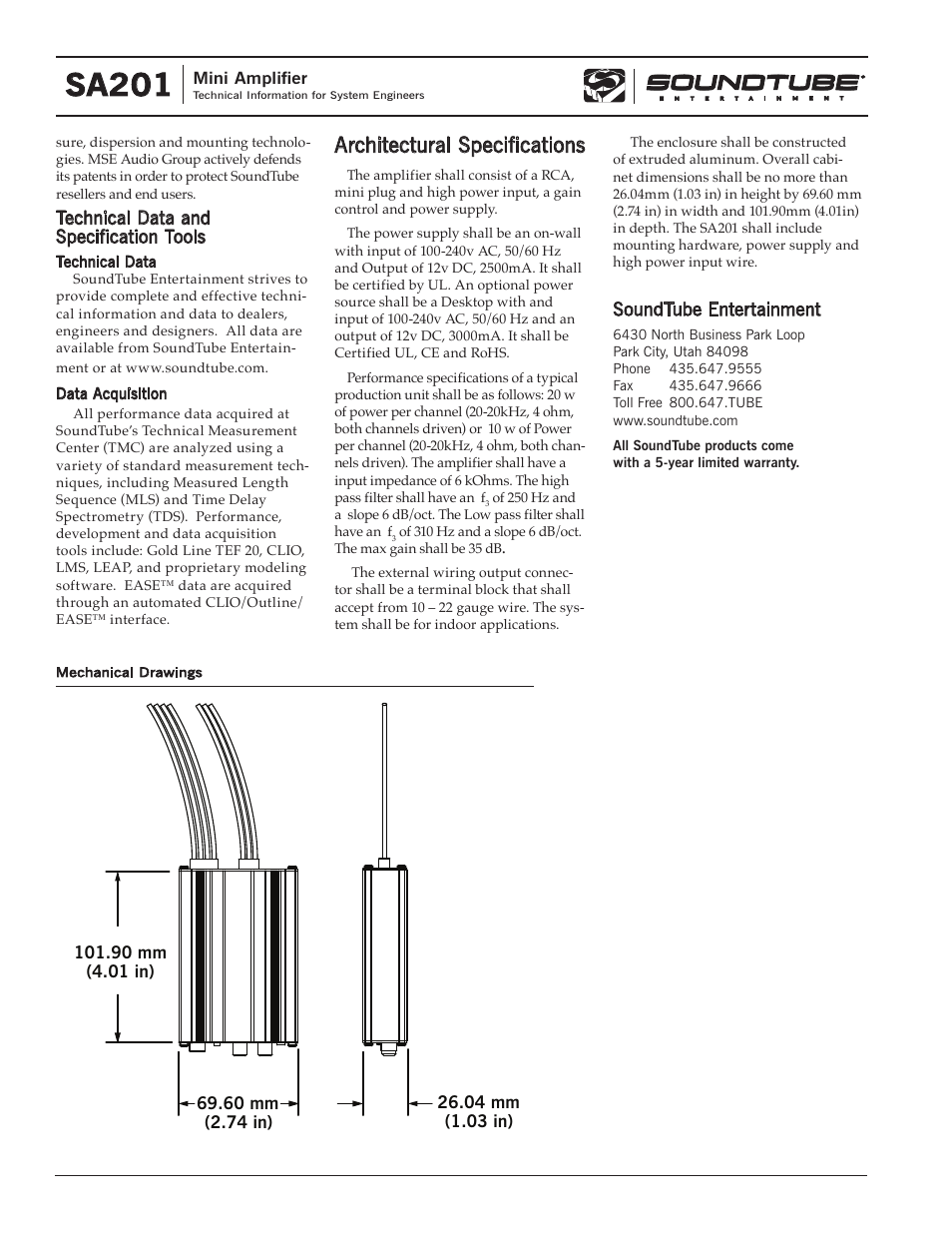 Sa201, Architectural specifications | Phase Technology Mini Amplifier SA201 User Manual | Page 2 / 2