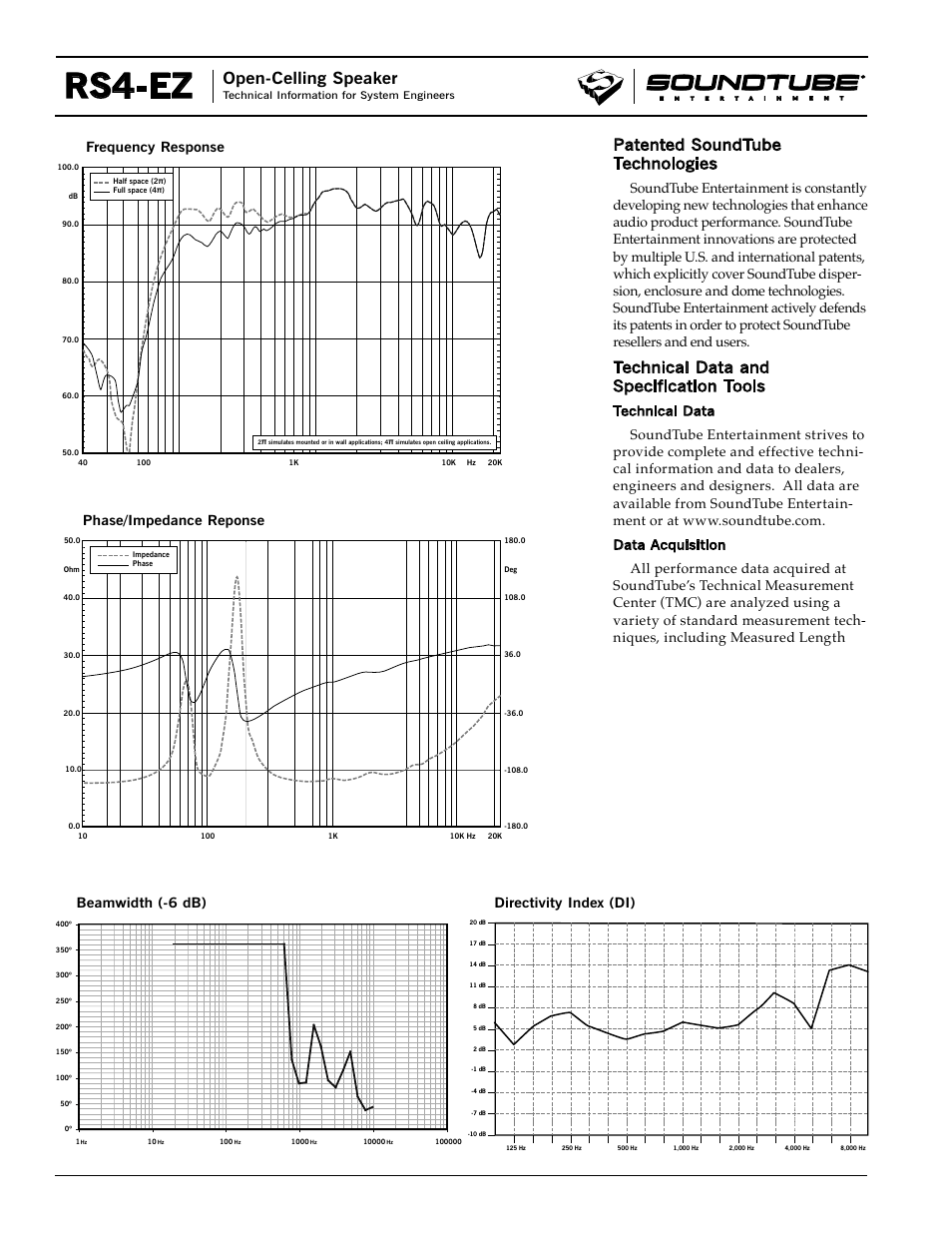 Rs4-ez, Open-celling speaker, Patented soundtube technologies | Technical data and specification tools, Phase/impedance reponse frequency response, Technical data, Data acquisition | Phase Technology RS4-EZ User Manual | Page 2 / 4