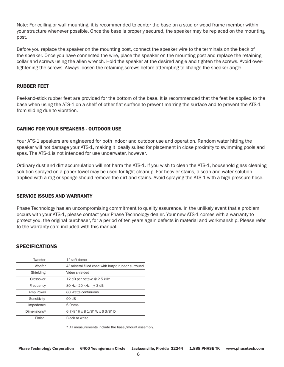 Specifications | Phase Technology ATS-1 User Manual | Page 6 / 6