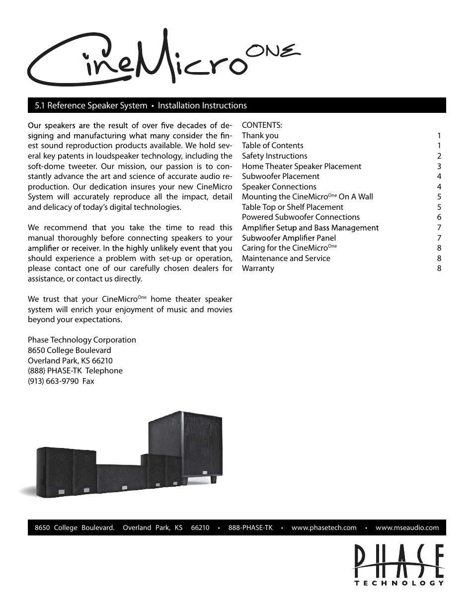 Phase Technology Cinemicro One User Manual | 5 pages