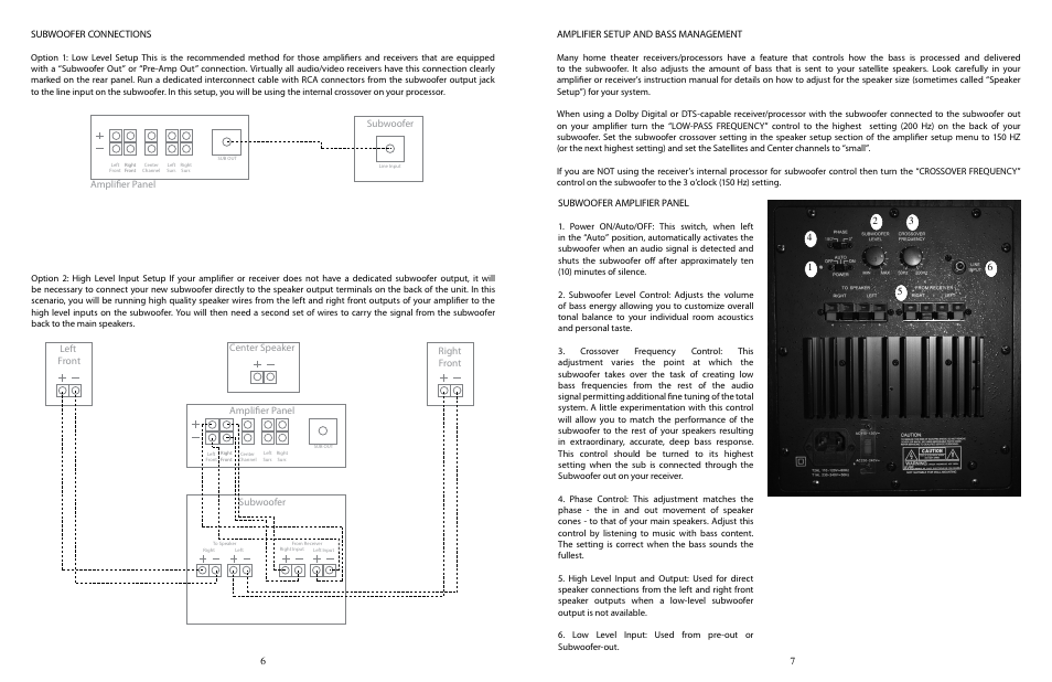 67 subwoofer connections, Amplifier panel, Subwoofer | Subwoofer left front center speaker right front, Amplifier setup and bass management, Subwoofer amplifier panel | Phase Technology Cinemicro One User Manual | Page 4 / 5