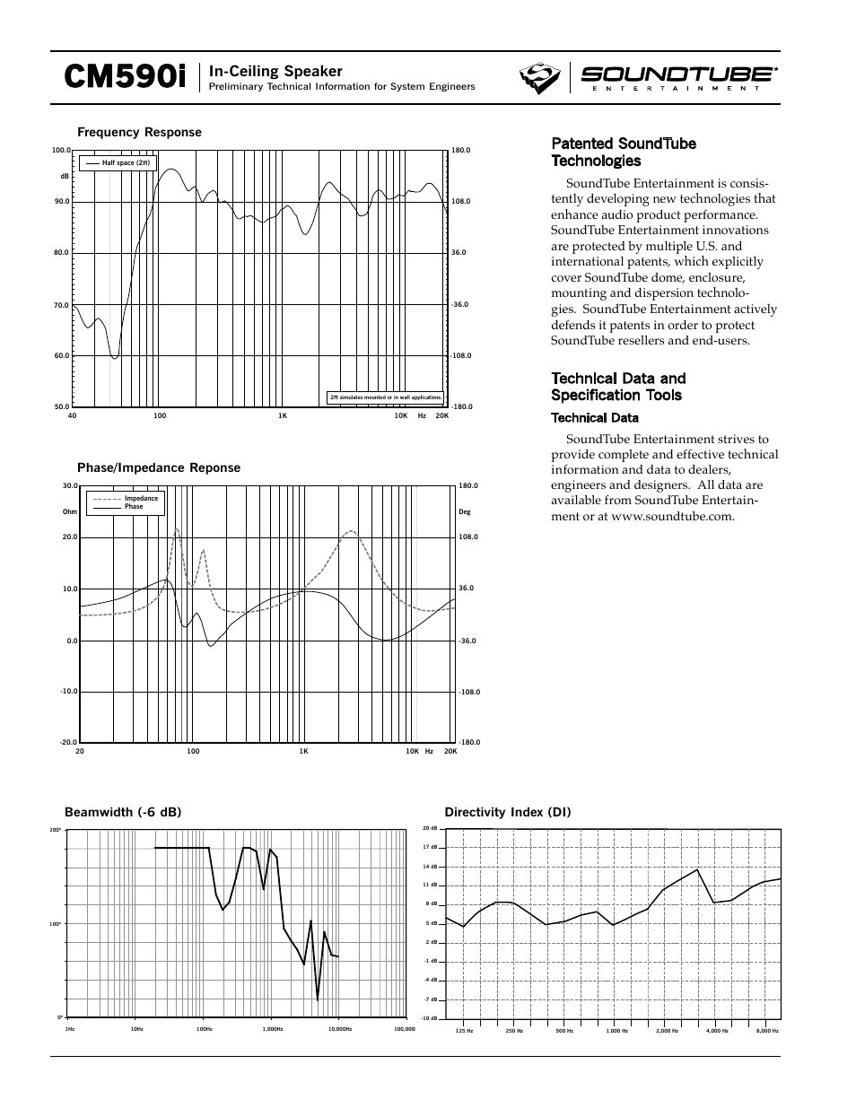 Cm590i, In-ceiling speaker, Patented soundtube technologies | Technical data and specification tools, Technical data | Phase Technology CM590i User Manual | Page 2 / 4