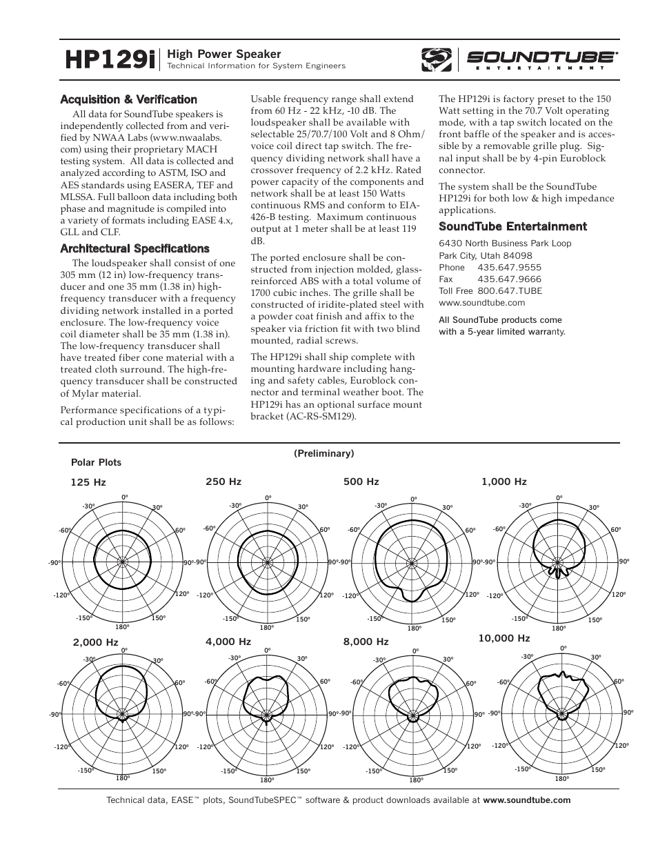 Hp129i, High power speaker, Soundtube entertainment | Acquisition & verification, Architectural specifications | Phase Technology High Power Speaker HP129i User Manual | Page 3 / 4