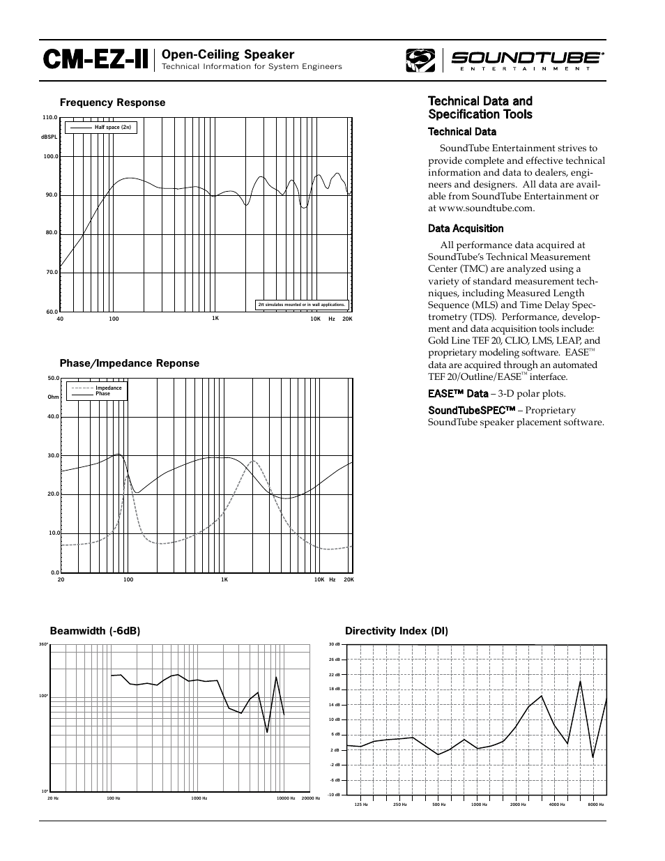 Cm-ez-ii, Open-ceiling speaker, Technical data and specification tools | Interface, D polar plots, Proprietary soundtube speaker placement software | Phase Technology CM-EZ-II User Manual | Page 2 / 4