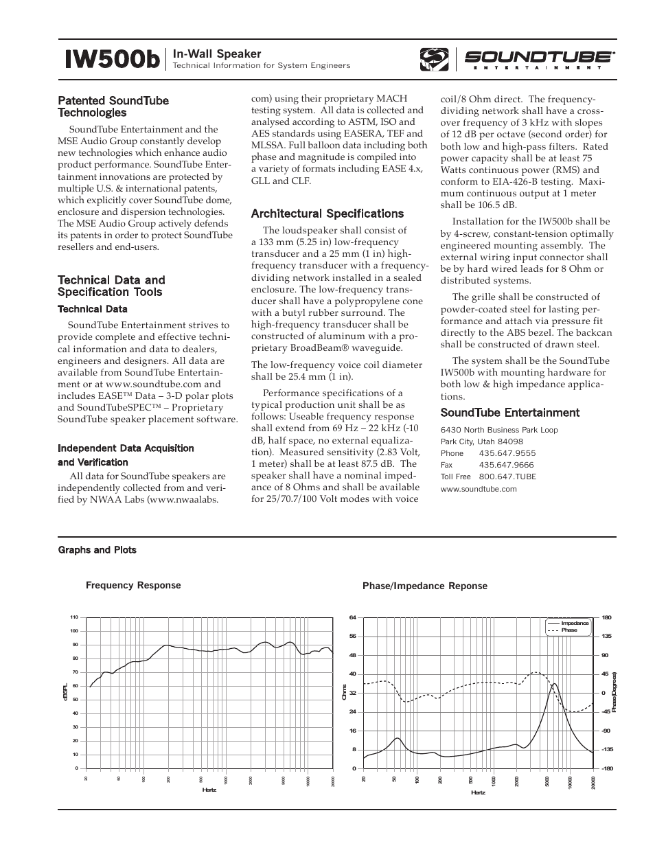 Iw500b, In-wall speaker, Soundtube entertainment | Architectural specifications, Patented soundtube technologies, Technical data and specification tools, Technical data, Independent data acquisition and verification, Graphs and plots | Phase Technology IW500B User Manual | Page 2 / 4