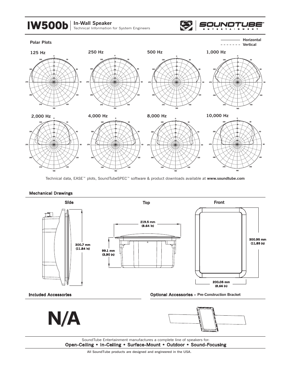 Iw500b, In-wall speaker, Optional accessories | Mechanical drawings included accessories side top, Front, Pre-construction bracket, Technical data, ease, Plots, soundtubespec, Horizontal vertical | Phase Technology IW500B User Manual | Page 4 / 4