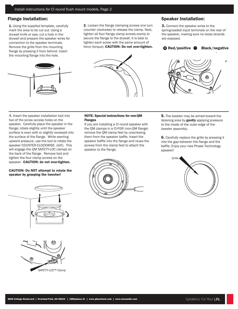 Ci 6.0 ix install back, Flange installation, Speaker installation | Phase Technology CI-6.0 IX QM User Manual | Page 2 / 2