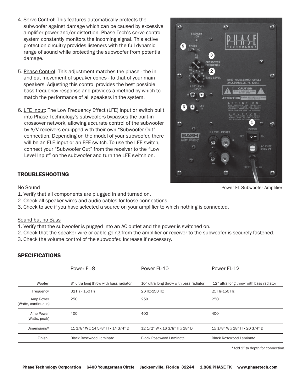 Specifications, Troubleshooting | Phase Technology FL-12 User Manual | Page 4 / 4