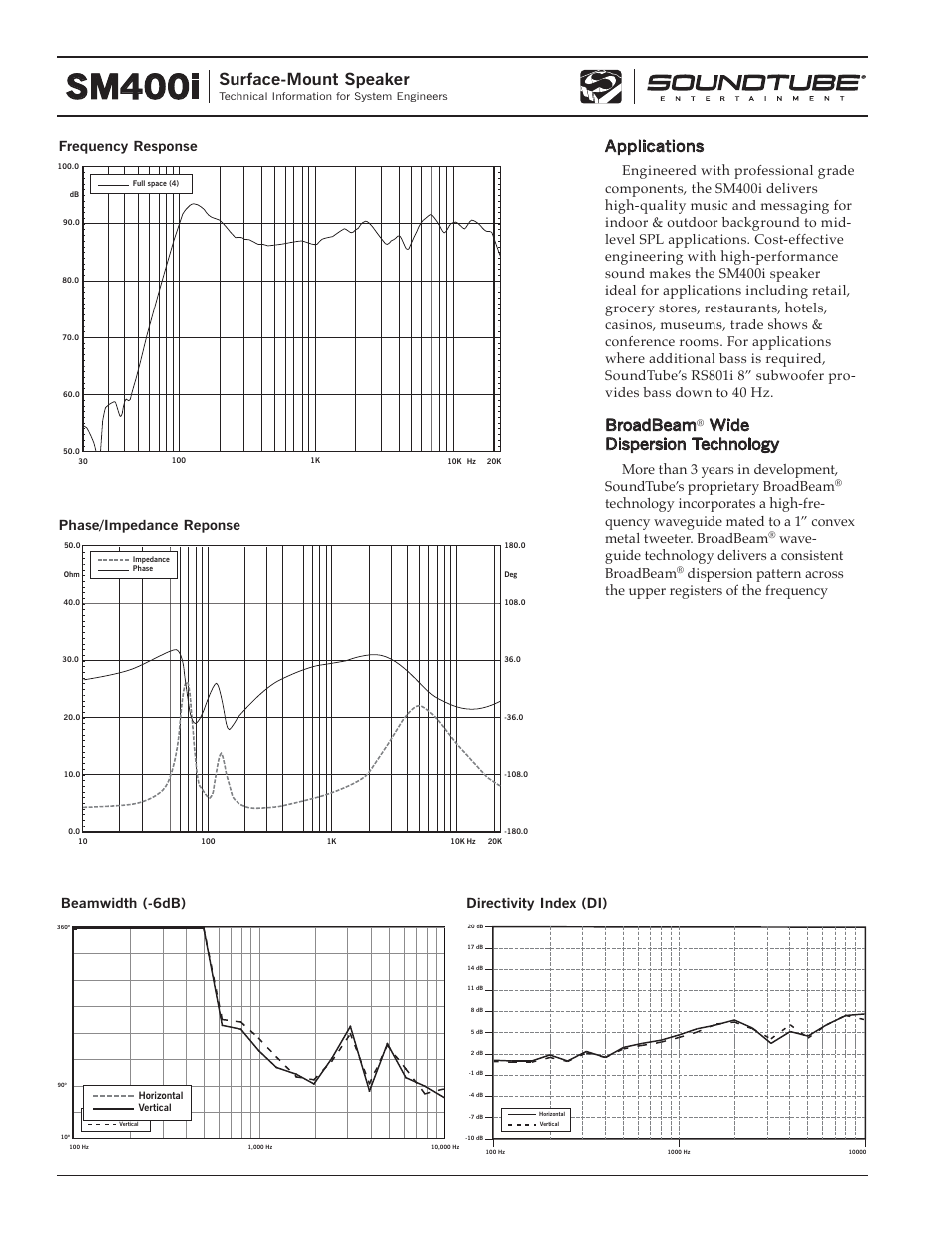 Sm400i, Broadbeam, Wide dispersion technology | Surface-mount speaker, Applications | Phase Technology Surface-Mount Speaker SM400i User Manual | Page 2 / 4