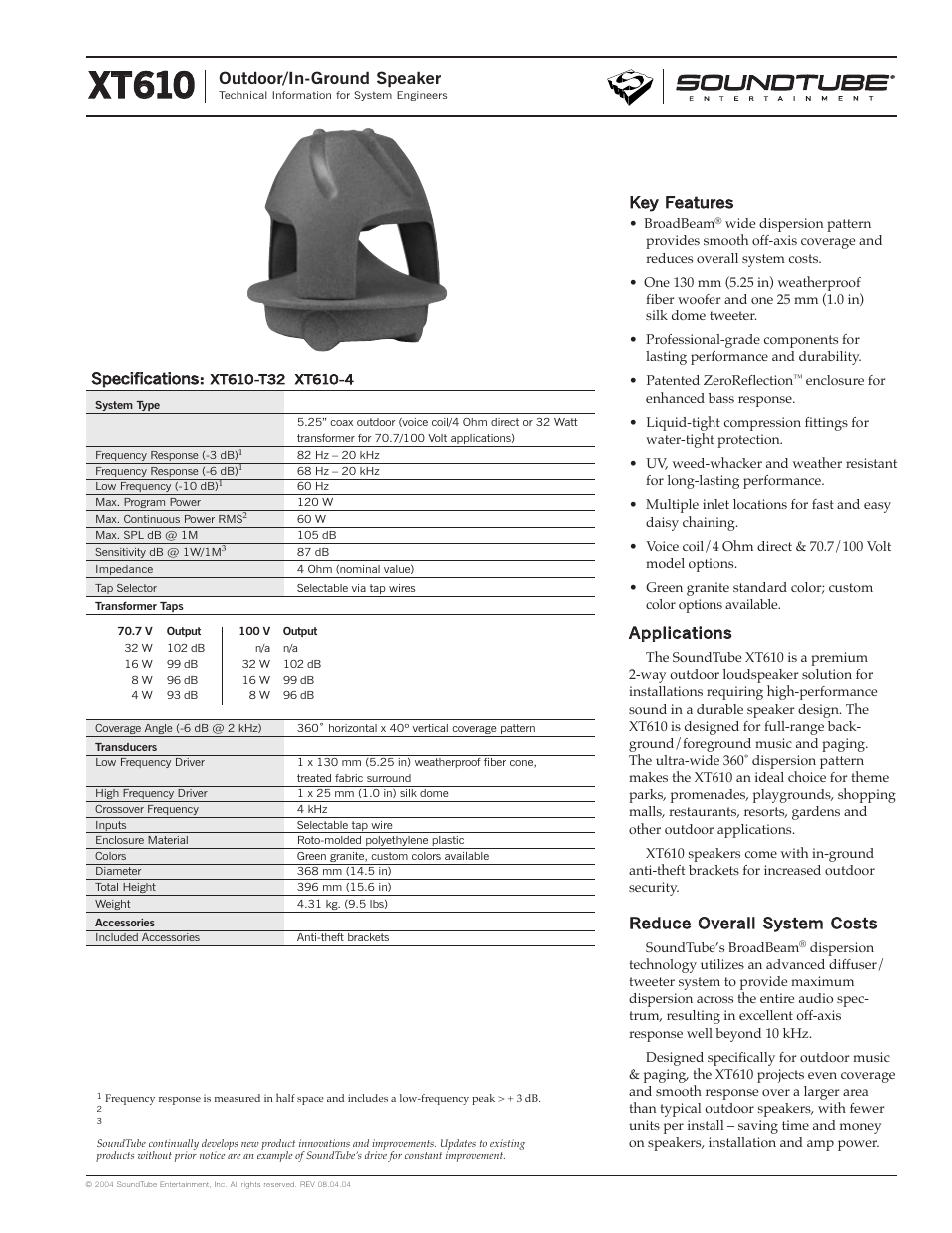 Phase Technology Outdoor/In-Ground Speaker XT610 User Manual | 4 pages