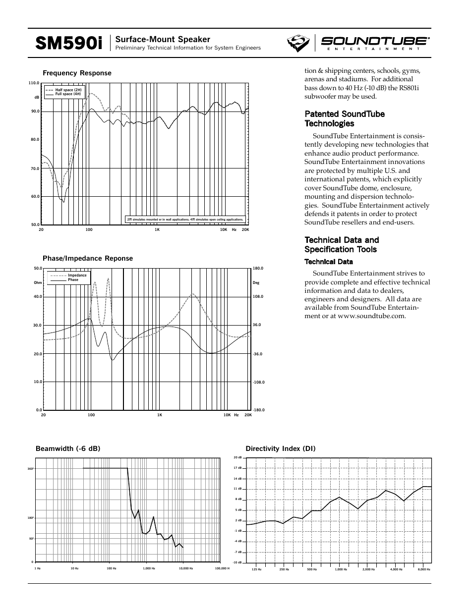 Sm590i, Surface-mount speaker, Patented soundtube technologies | Technical data and specification tools, Technical data | Phase Technology Surface-Mount Speaker SM590i User Manual | Page 2 / 4