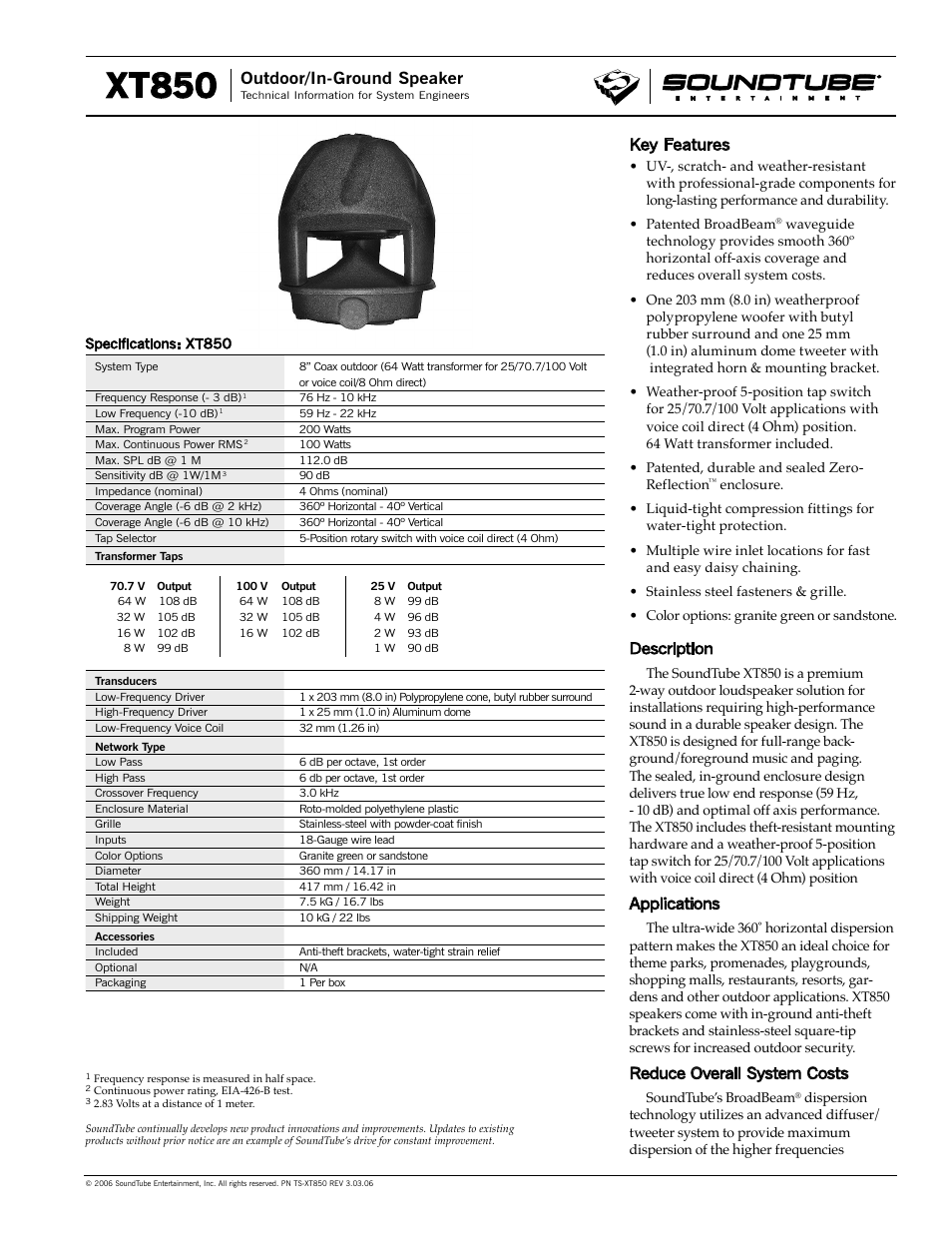 Phase Technology Outdoor/In-Ground Speaker XT850 User Manual | 3 pages