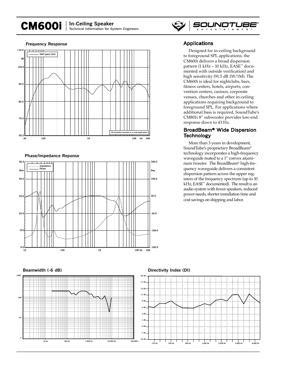 Cm600i, In-ceiling speaker, Applications | Broadbeam, Wide dispersion technology, Phase/impedance reponse frequency response | Phase Technology CM600i User Manual | Page 2 / 4