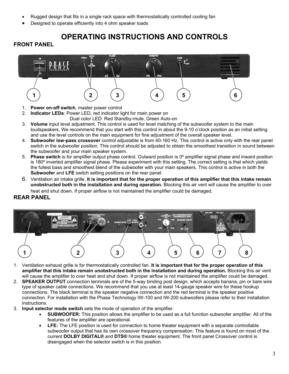 Operating instructions and controls | Phase Technology P-200 User Manual | Page 3 / 4