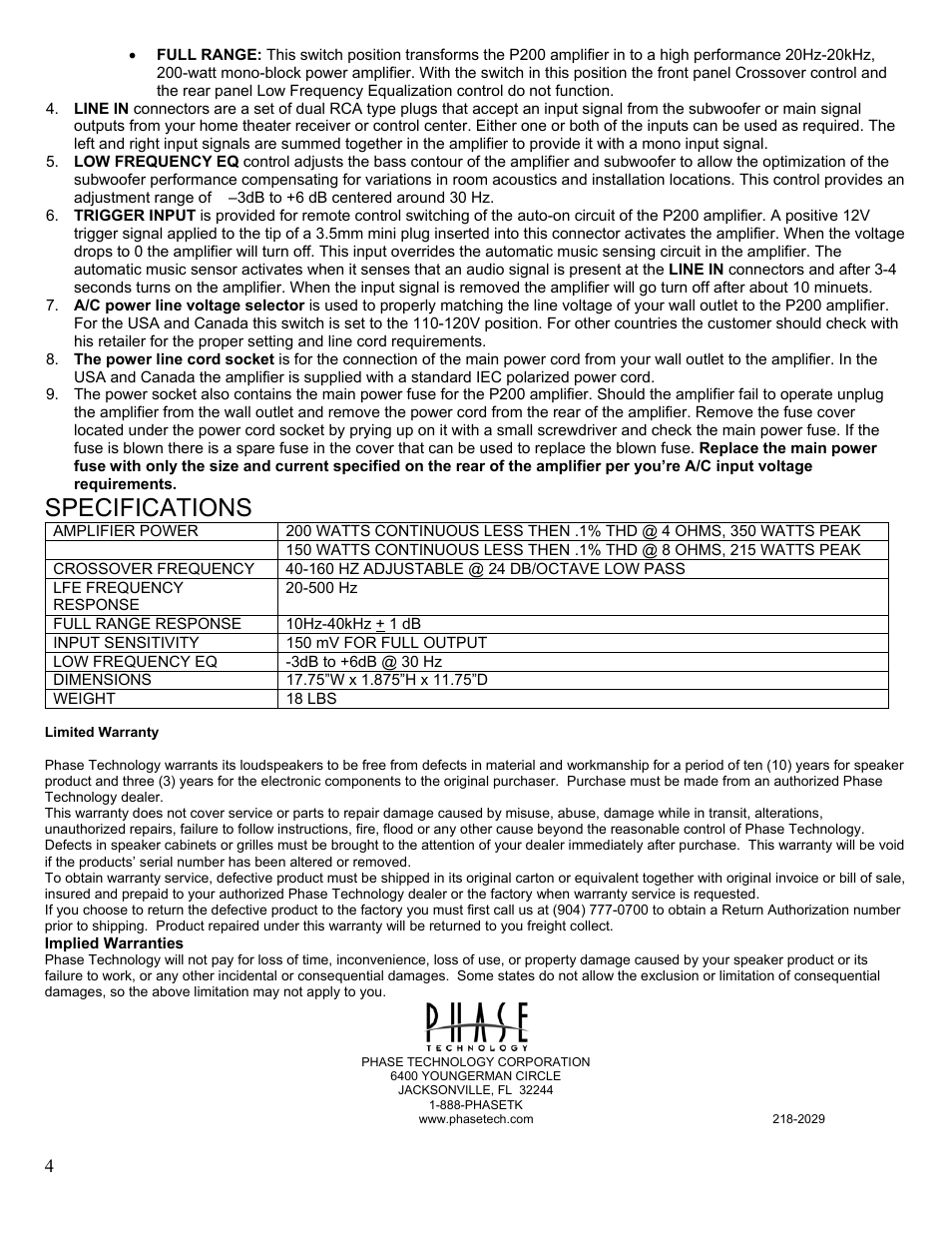 Specifications | Phase Technology P-200 User Manual | Page 4 / 4