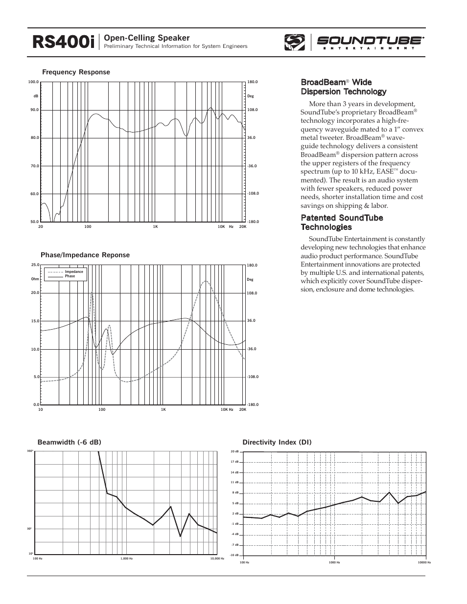 Rs400i, Broadbeam, Wide dispersion technology | Open-celling speaker, Patented soundtube technologies, Phase/impedance reponse frequency response | Phase Technology RS400i User Manual | Page 2 / 4