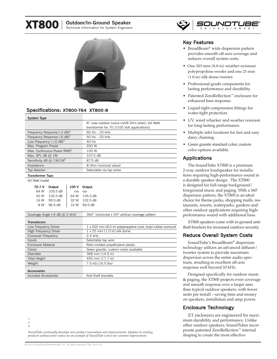 Phase Technology Outdoor/In-Ground Speaker XT800 User Manual | 4 pages