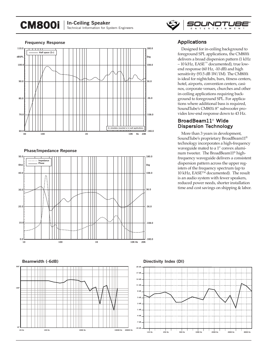 Cm800i, In-ceiling speaker, Ap applications | Br broadbeam11, Wide dispersion technology | Phase Technology CM5800i User Manual | Page 2 / 4