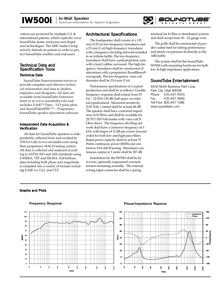 Iw500i, In-wall speaker, Soundtube entertainment | Architectural specifications, Technical data and specification tools, Technical data, Independent data acquisition & verification, Graphs and plots | Phase Technology IW500i User Manual | Page 2 / 4