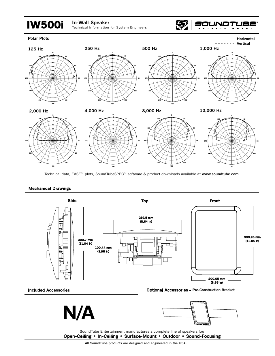 Iw500i, In-wall speaker, Optional accessories | Mechanical drawings included accessories, Side top front, Pre-construction bracket, Technical data, ease, Plots, soundtubespec, Horizontal vertical | Phase Technology IW500i User Manual | Page 4 / 4