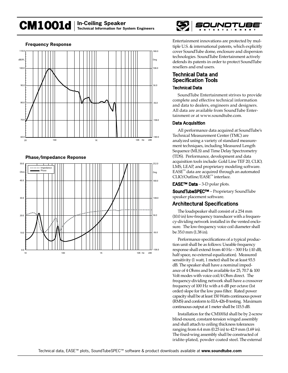 Cm1001d, In-ceiling speaker, Technical data and specification tools | Architectural specifications | Phase Technology CM1001d User Manual | Page 2 / 4