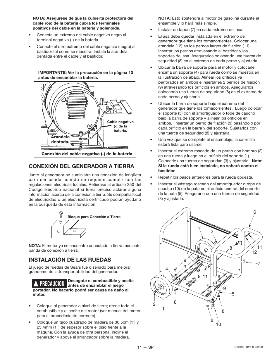 Conexión del generador a tierra, Instalación de las ruedas | Porter-Cable Companion D20498 User Manual | Page 33 / 44