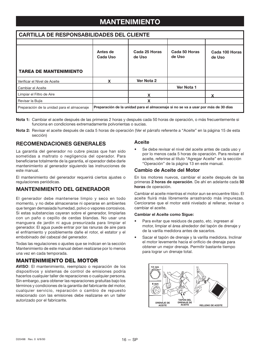 Mantenimiento, Recomendaciones generales, Mantenimiento del generador | Mantenimiento del motor, Cartilla de responsabilidades del cliente, Aceite, Cambio de aceite del motor | Porter-Cable Companion D20498 User Manual | Page 38 / 44